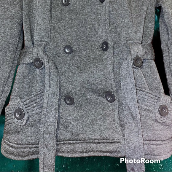 MISS SELFIE Lapel, Double-Breasted Pea Coat w/ Belt, Charcoal Gray, Woman's SM - Picture 9 of 15